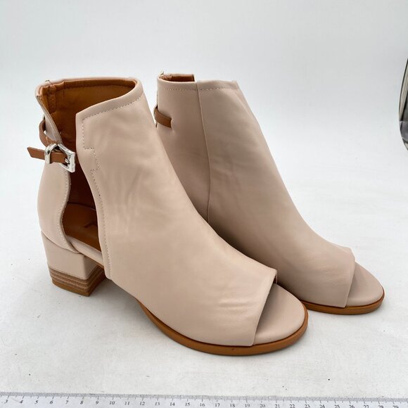 FSJ Apricot Peep Open Toe Cut Out Buckle Comfortable Block Low Heel Ankle Bootie - Picture 4 of 8